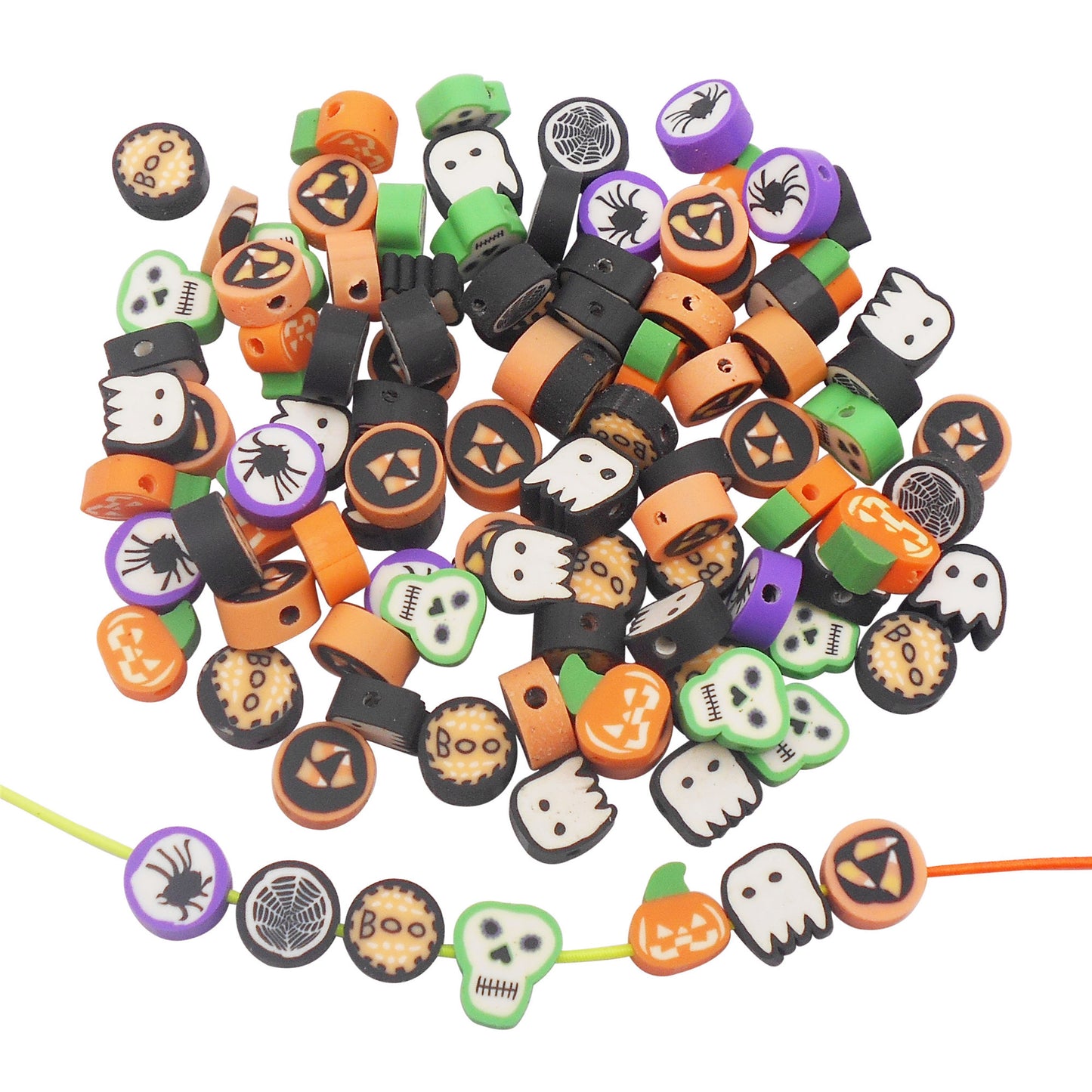 100Pcs 10mm Halloween Theme Polymer Clay Bead Hole Size 1mm Ghost Skeleton Pattern Spacer Beads for DIY Jewelry Necklace Bracelet Making Phone Chain Craft Decor