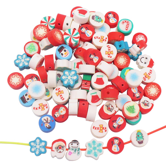 100Pcs 10mm Snowflake Snowman Pattern Beads Polymer Clay Christmas Series Spacer Beads for Jewelry Making Phone Chain Decor