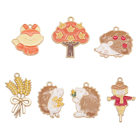 7Pcs Golden Bezel Autumn Hedgehogs Scarecrow Charms Fall-Themed Squirrel Maple Wheat Ear Pendants for DIY Jewelry Making Crafts Decor