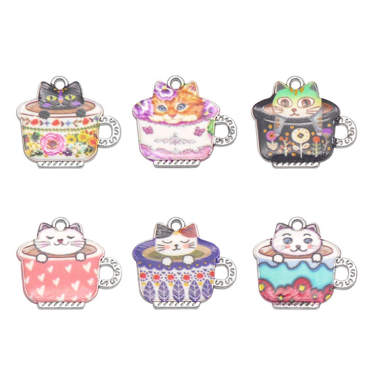 6Pcs 20x22mm Alloy Teacup Cat Charms - Mini Kawaii Cat in Cup Pendants for Jewelry Making, Necklace Bracelet Earrings Keychain Decor