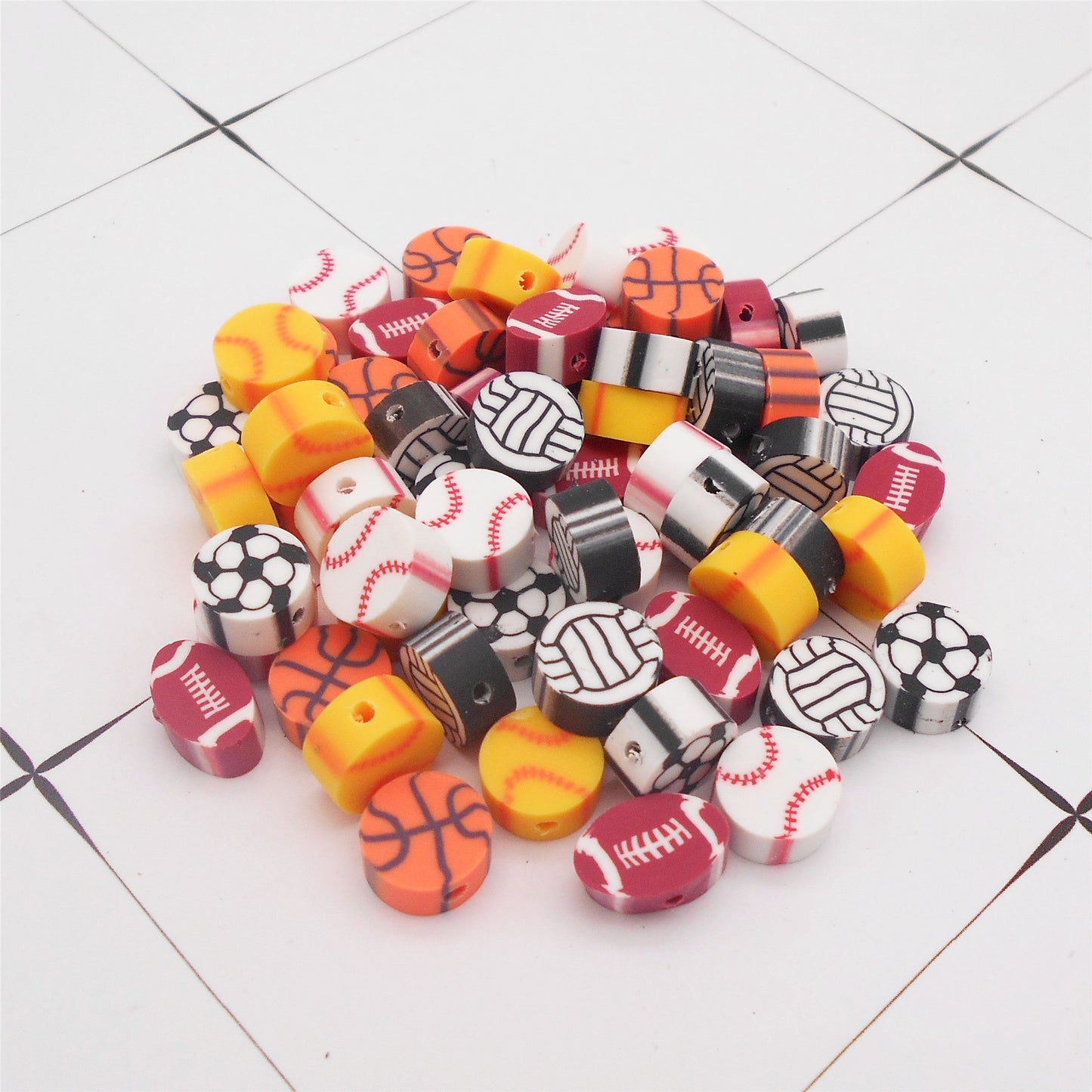 50Pcs 10mm Polymer Clay Beads Sport Ball Pattern Spacer Beads DIY Jewelry Making Accessories Phone Chain Crafts Decor