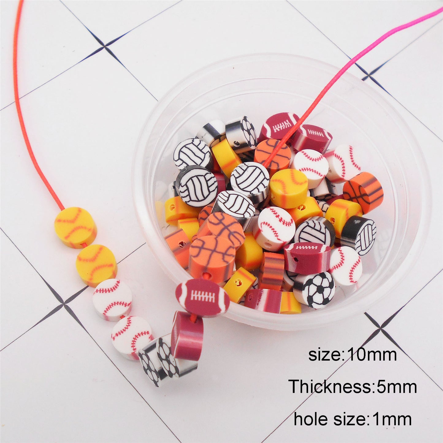 50Pcs 10mm Polymer Clay Beads Sport Ball Pattern Spacer Beads DIY Jewelry Making Accessories Phone Chain Crafts Decor