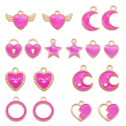 9Pairs Rose Color Moon Pentagram Charms Metal Enamel Circle Heart Pendants for DIY Jewelry Making Crafts Supplies Keychain Decor