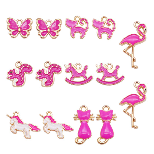 7Pairs Metal Animal Charms Enamel Cat Squirrel Unicorn Pendants Rose Color Accessories for Necklace Bracelet Earrings Making, DIY Crafts Decor