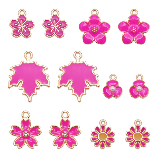 6Pairs Floral Jewelry Charms Kits - Metal Enamel Flower Pendants Rose Color Accessories for Necklace Bracelet Earrings Making DIY Crafts Decor