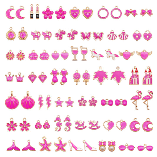 80pcs Fashion Charms Bright Pink Bling Pendants for Women Princess Jewelry Necklace Earrings Bracelet DIY Making