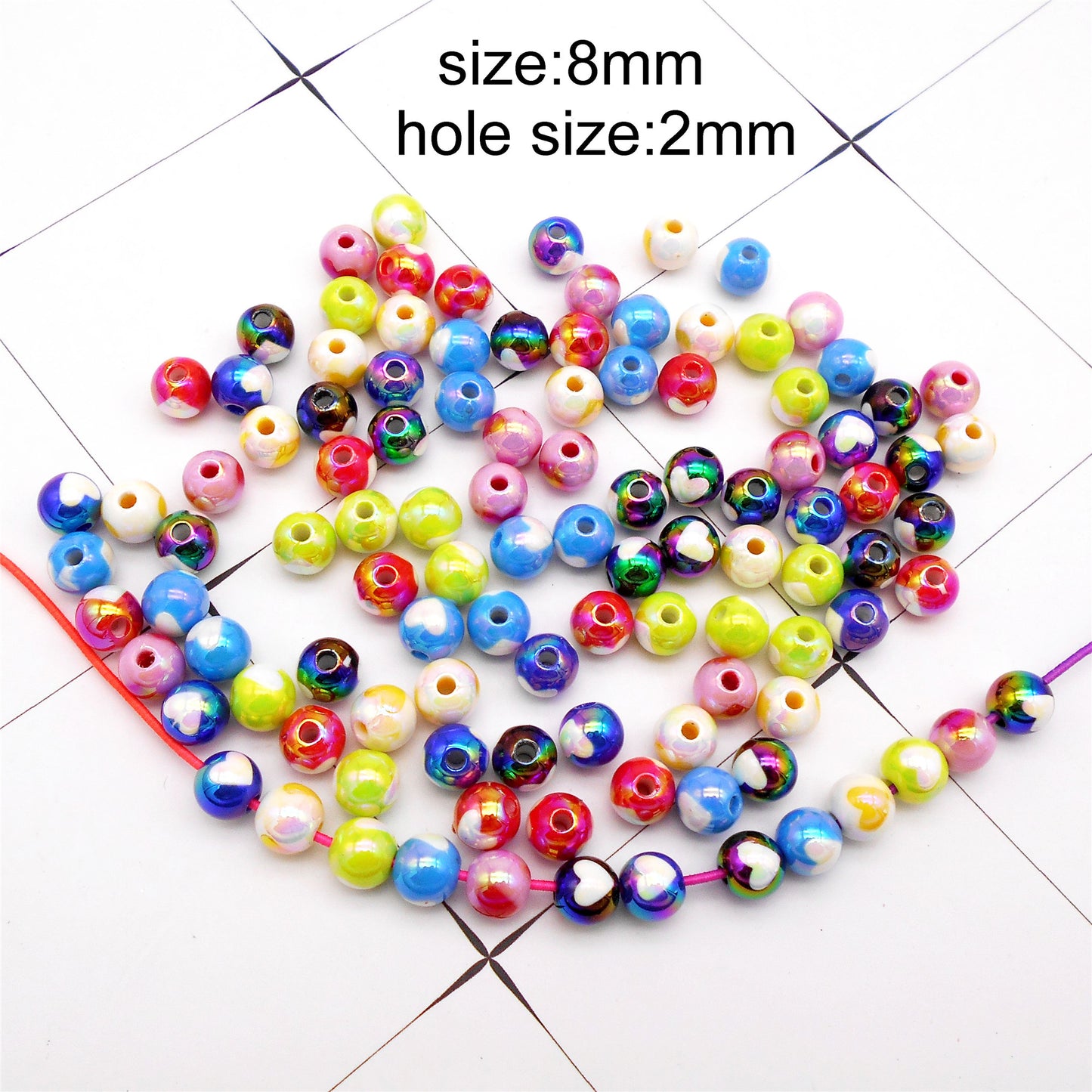 50Pcs 8mm Dazzling Plastic Ball Beads Heart Pattern Spacer Beads for Jewelry Making Accessories, Necklace Bracelet Earrings Supplies, Phone Chain Crafts Decor
