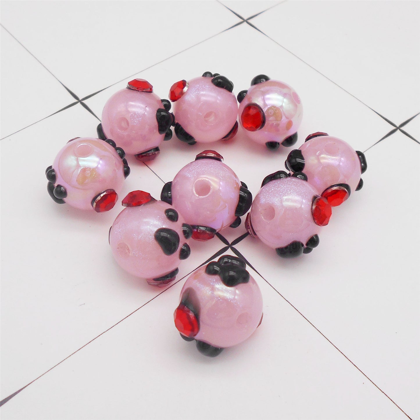 10Pcs Hand-Painted Round Beads Kit - Black Paw Print Designed with Red Rhinestones - Acrylic Spacer Beads & Crystal Accents for Jewelry Making Car Charm Accessories