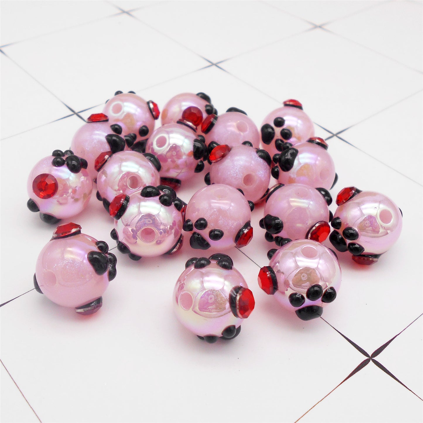10Pcs Hand-Painted Round Beads Kit - Black Paw Print Designed with Red Rhinestones - Acrylic Spacer Beads & Crystal Accents for Jewelry Making Car Charm Accessories