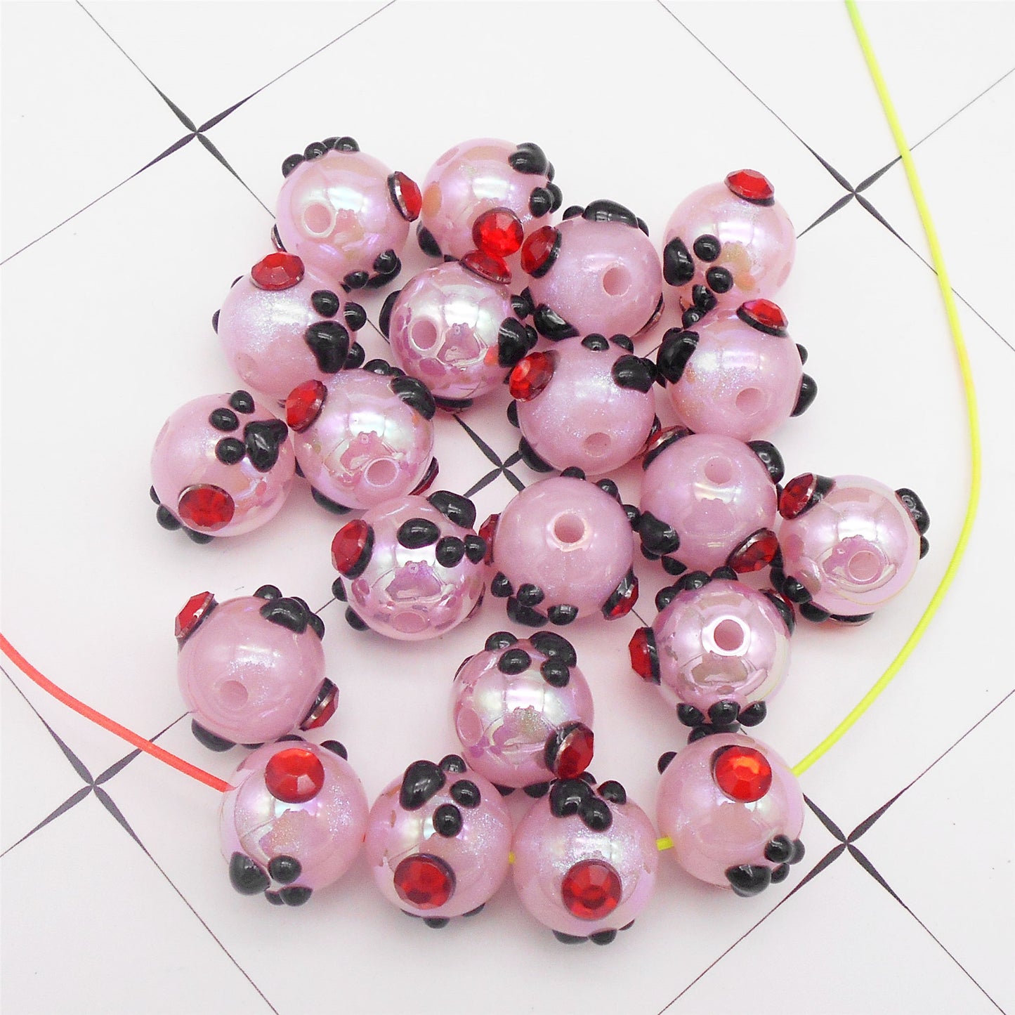 10Pcs Hand-Painted Round Beads Kit - Black Paw Print Designed with Red Rhinestones - Acrylic Spacer Beads & Crystal Accents for Jewelry Making Car Charm Accessories