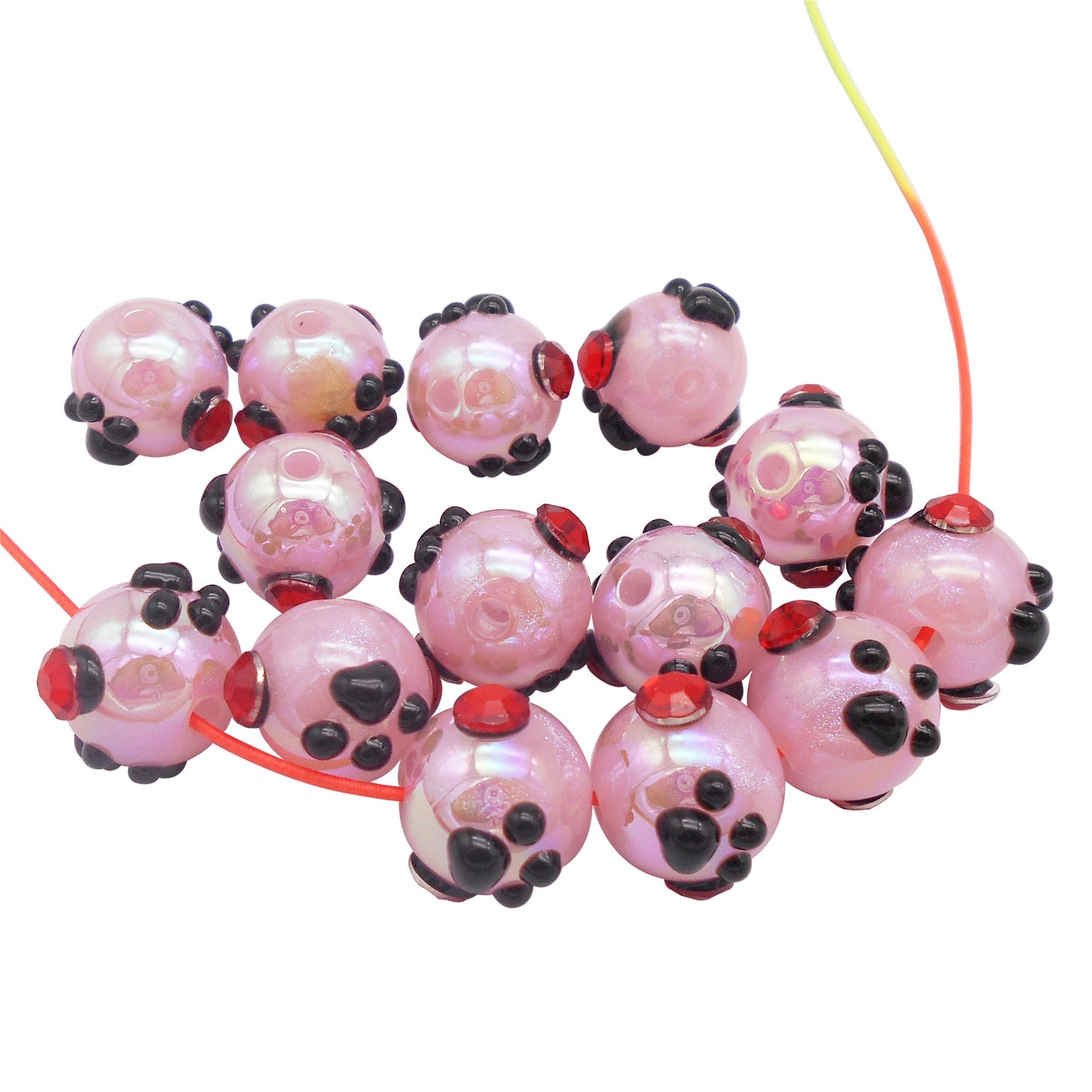 10Pcs Hand-Painted Round Beads Kit - Black Paw Print Designed with Red Rhinestones - Acrylic Spacer Beads & Crystal Accents for Jewelry Making Car Charm Accessories