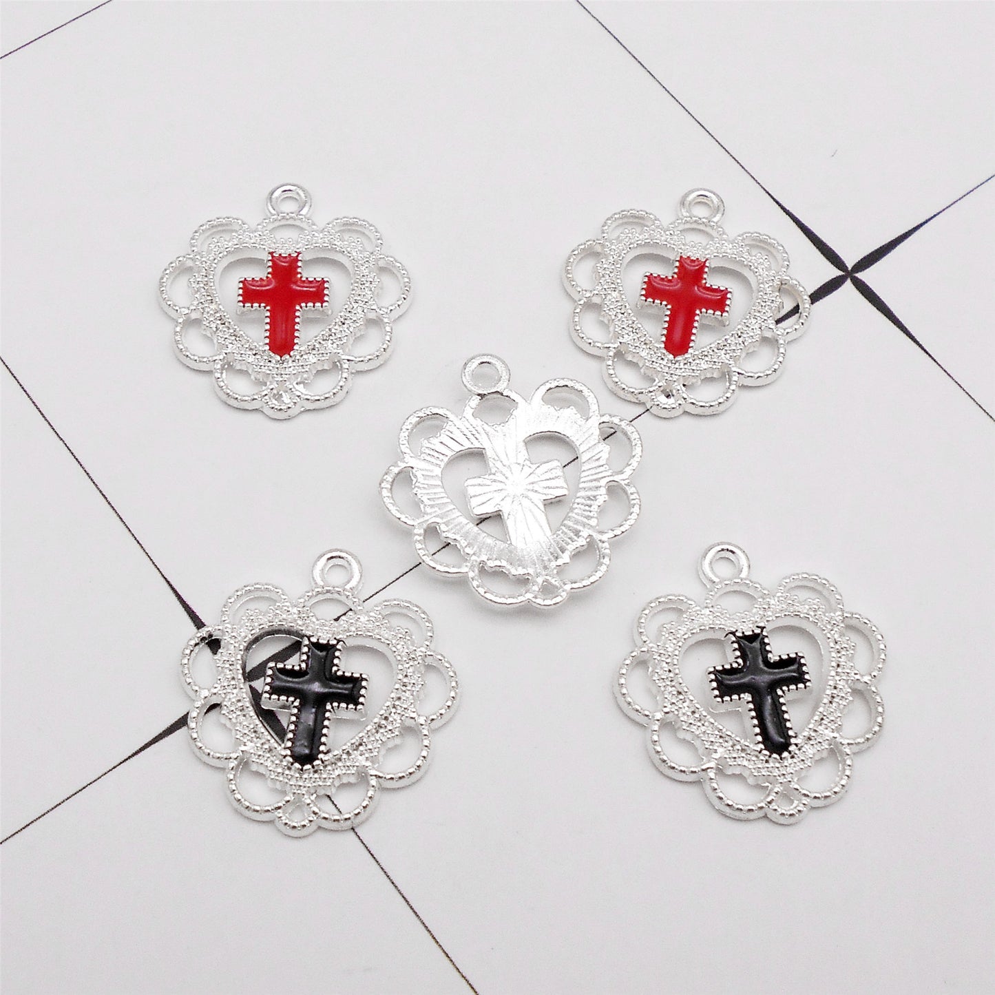 12Pcs 21x20mm Flower Bezel Alloy Enamel Cross Charms Metal Heart Pendants for Necklace Bracelet Earrings Making DIY Crafts Decor