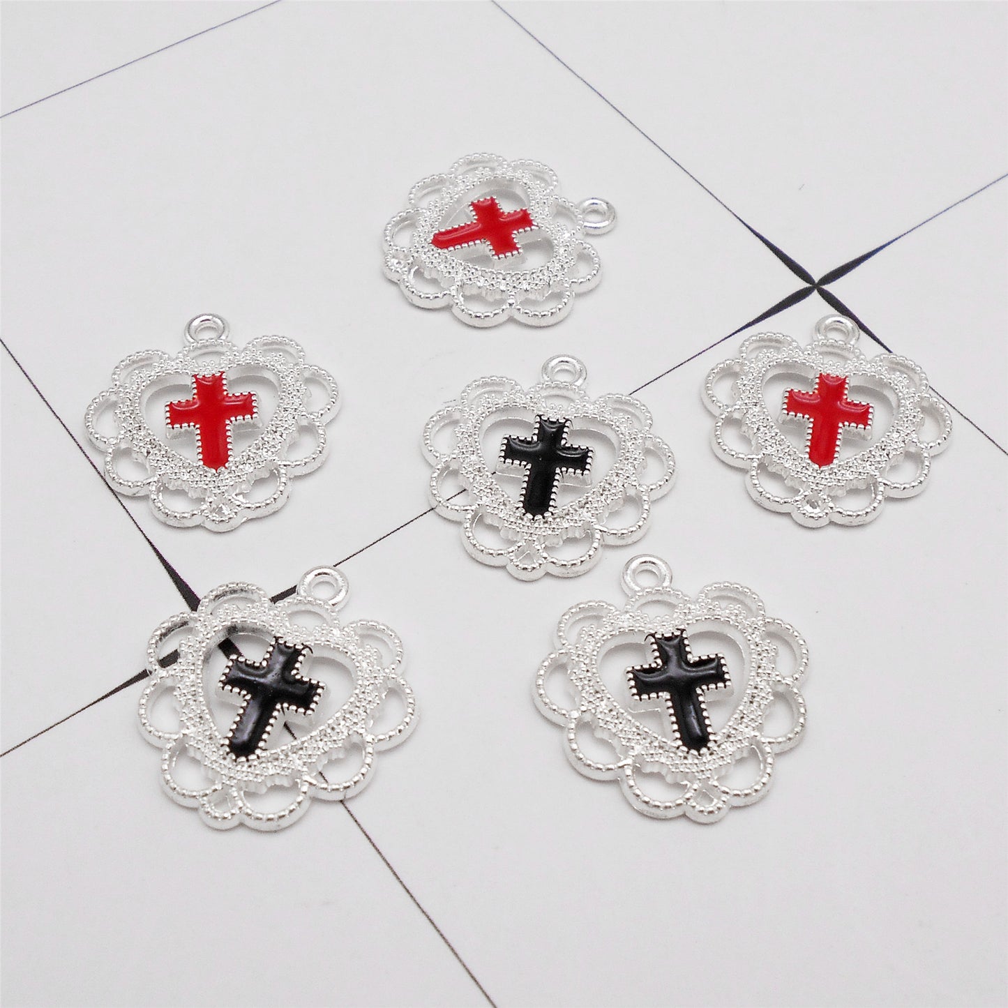 12Pcs 21x20mm Flower Bezel Alloy Enamel Cross Charms Metal Heart Pendants for Necklace Bracelet Earrings Making DIY Crafts Decor