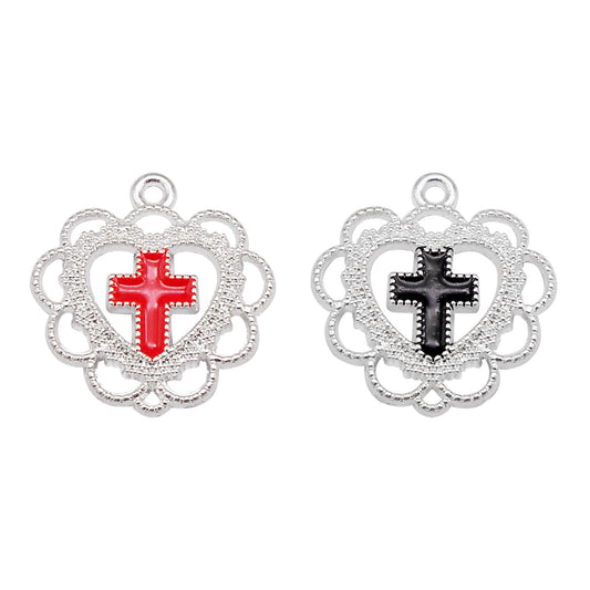 12Pcs 21x20mm Flower Bezel Alloy Enamel Cross Charms Metal Heart Pendants for Necklace Bracelet Earrings Making DIY Crafts Decor
