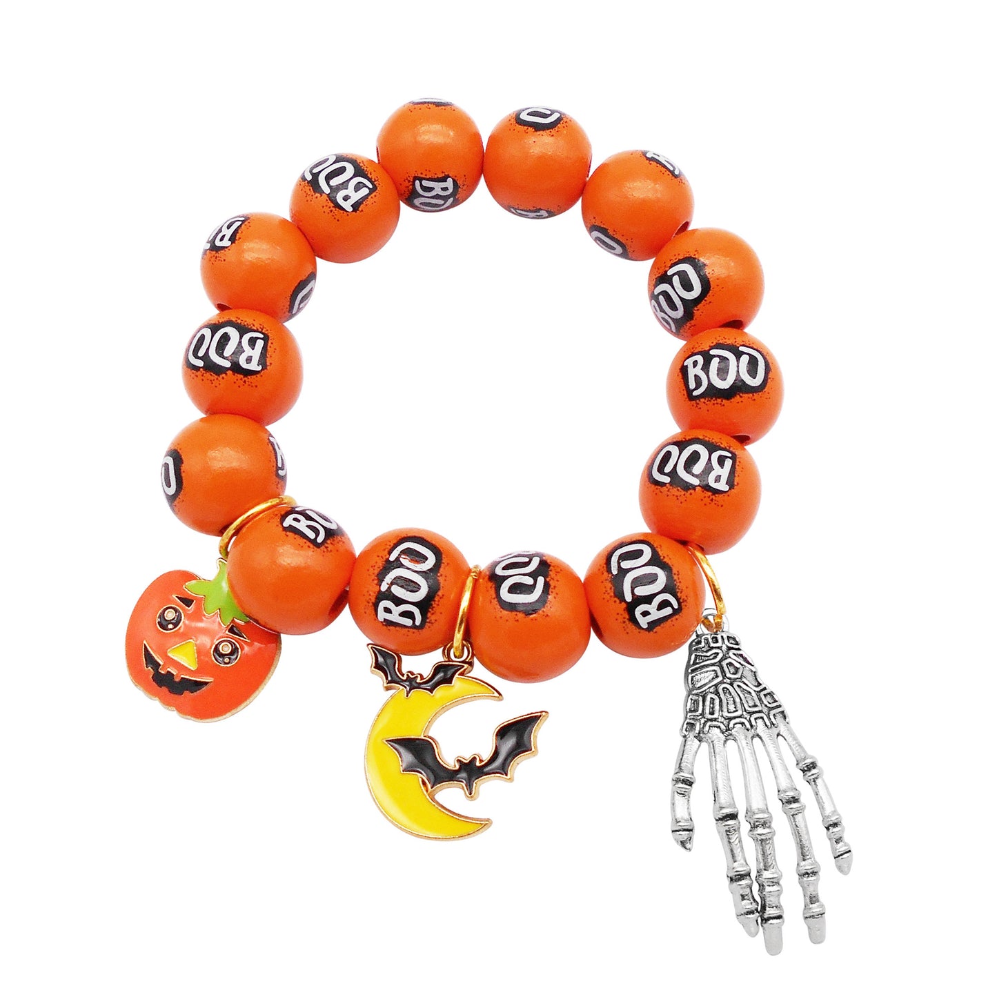 1 Piece Wood Round Bead Bracelet with Tomato & Moon Bat & Skull Hand Dangles Halloween Theme Bracelet for Daily Wear, Festival Gifts