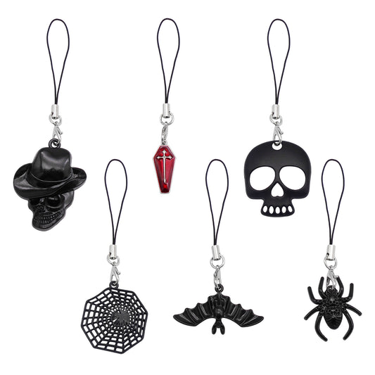 6pcs Gothic Skull Head Bat Spider Dangle Phone Chain Electroplated Alloy Charms Pendant Black for Phone Case Decor DIY Jewelry Crafts Supplies