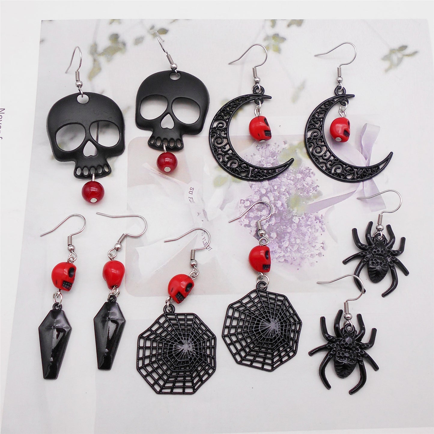 1 Pair Electroplated Black Spider Dangle Earrings Gothic Alloy Moon Skull Head Hook Earrings Hypoallergenic Women Ear Piercing Jewelry Festival Gifts