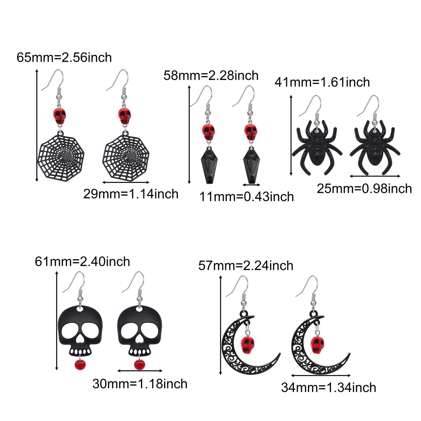 1 Pair Electroplated Black Spider Dangle Earrings Gothic Alloy Moon Skull Head Hook Earrings Hypoallergenic Women Ear Piercing Jewelry Festival Gifts