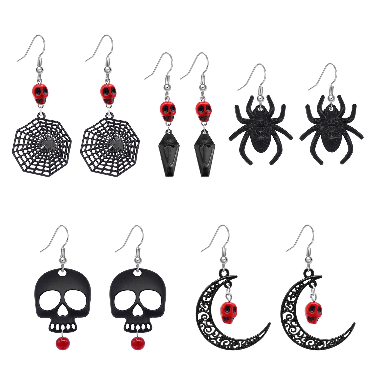1 Pair Electroplated Black Spider Dangle Earrings Gothic Alloy Moon Skull Head Hook Earrings Hypoallergenic Women Ear Piercing Jewelry Festival Gifts