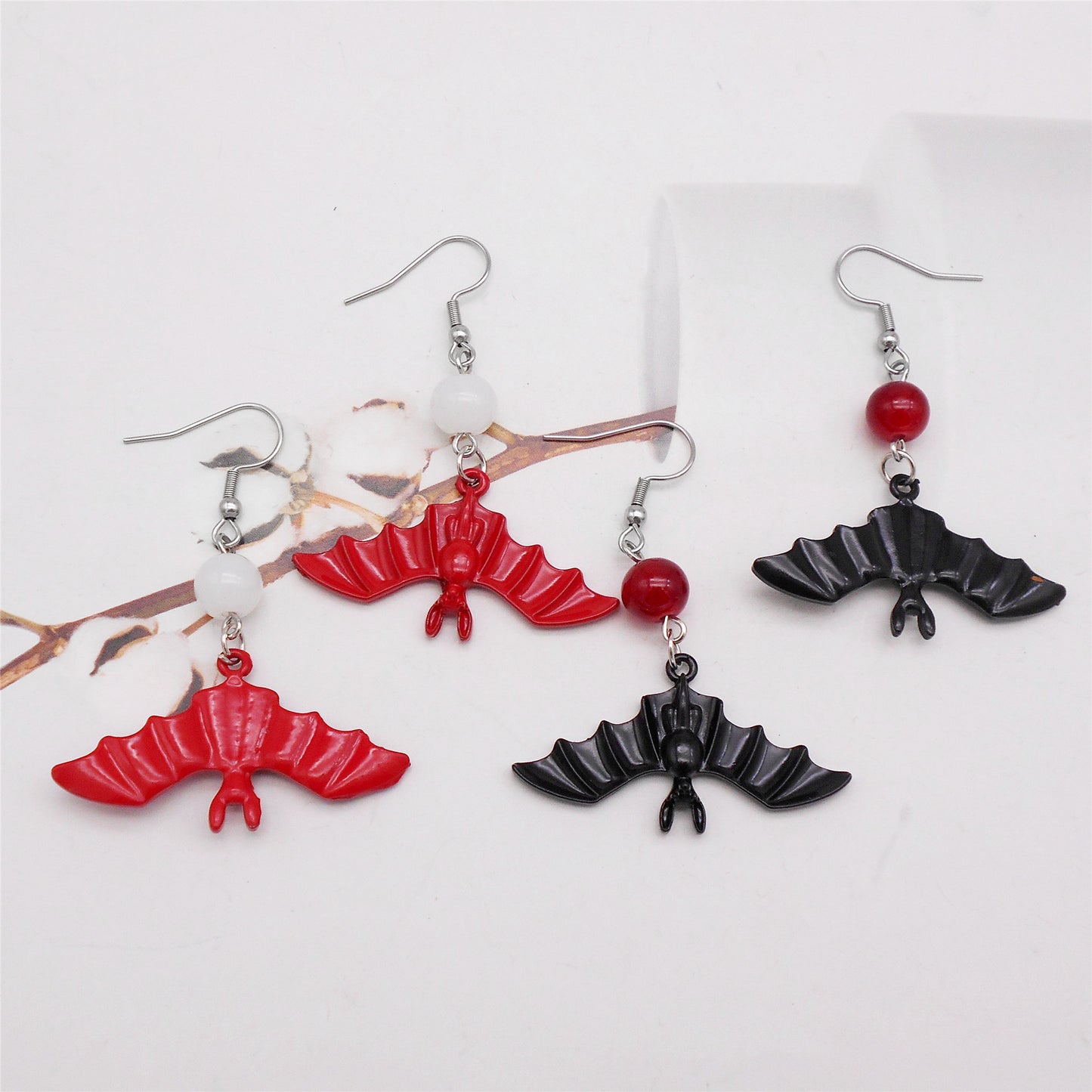 2 Pairs Bat Dangle Earrings Black & Red Gothic Jewelry, Hypoallergenic Metal Hook, Women’s Piercing Earrings for Daily Wear & Festival Gifts