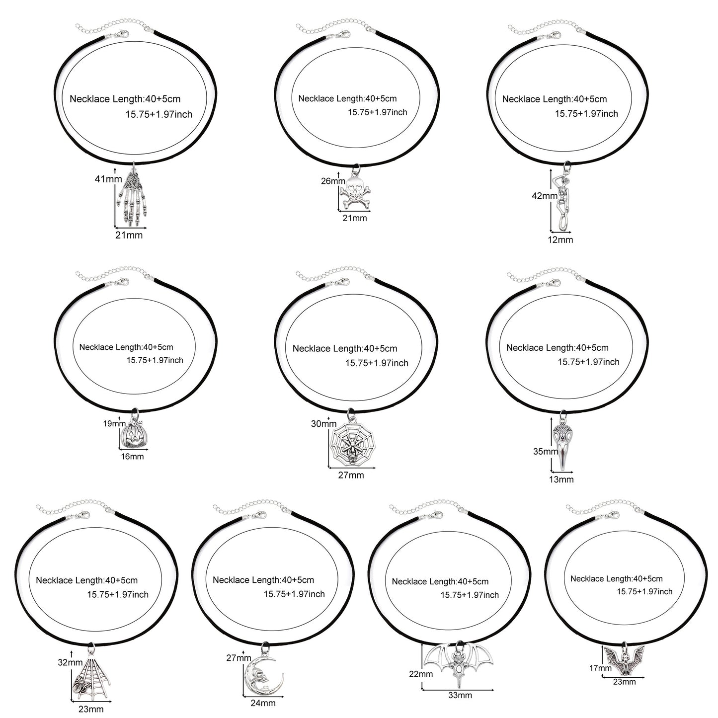 1 Piece Bat Moon Skull Hand Dangle Necklace Halloween Theme Metal Jewelry Korean Velvet Necklace Vintage Silver Festival Gifts