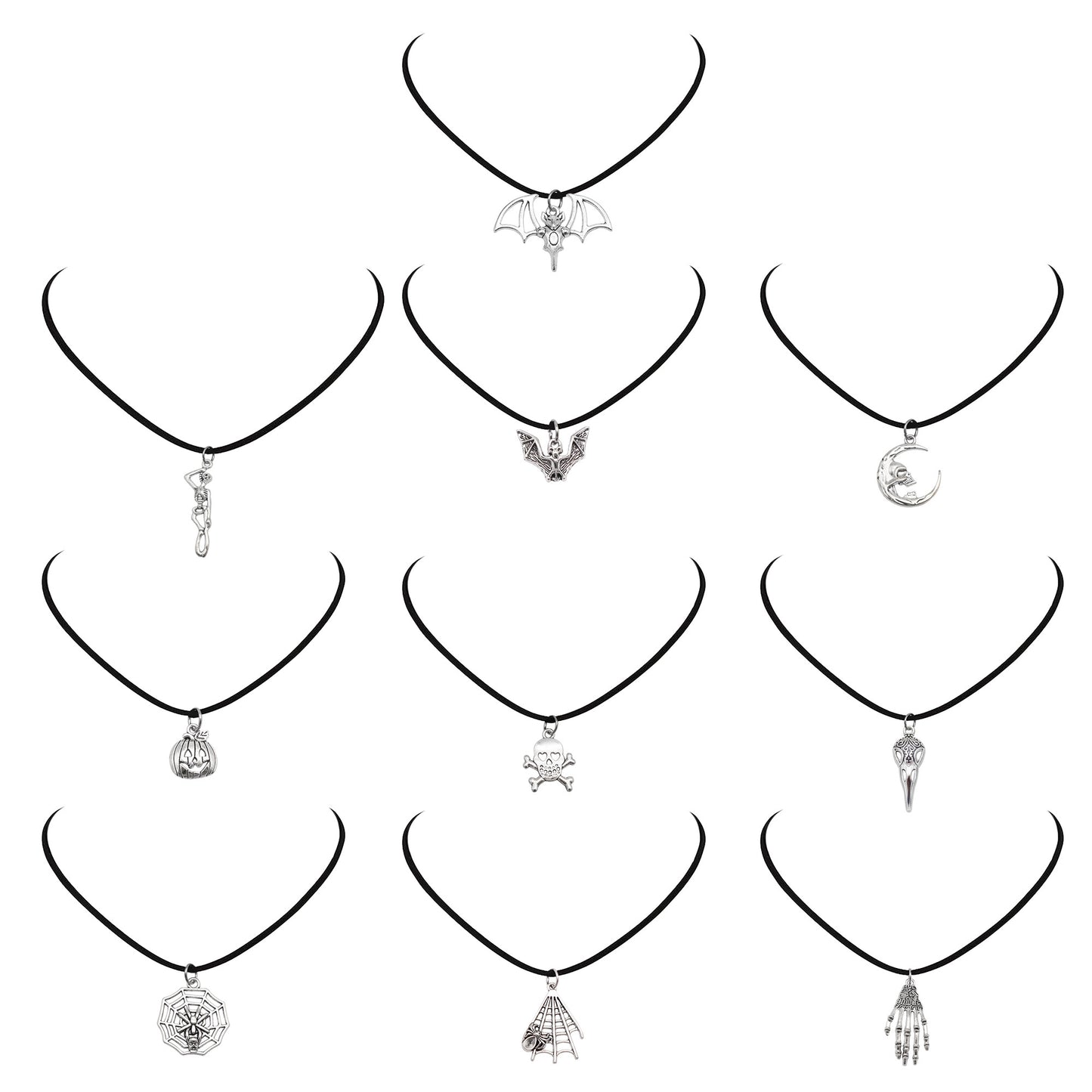 1 Piece Bat Moon Skull Hand Dangle Necklace Halloween Theme Metal Jewelry Korean Velvet Necklace Vintage Silver Festival Gifts