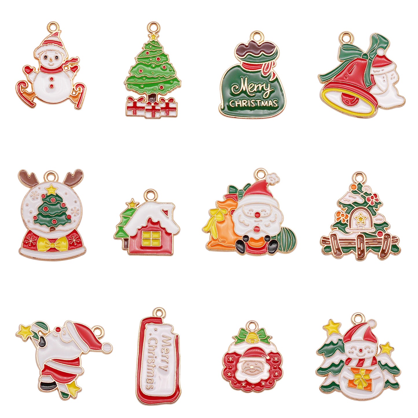 12Pcs Enamel Christmas Theme Charms Metal Mini Santa Claus Cute Snowman Pendants for Necklace Bracelet Earrings Making Accessories DIY Crafts Decor