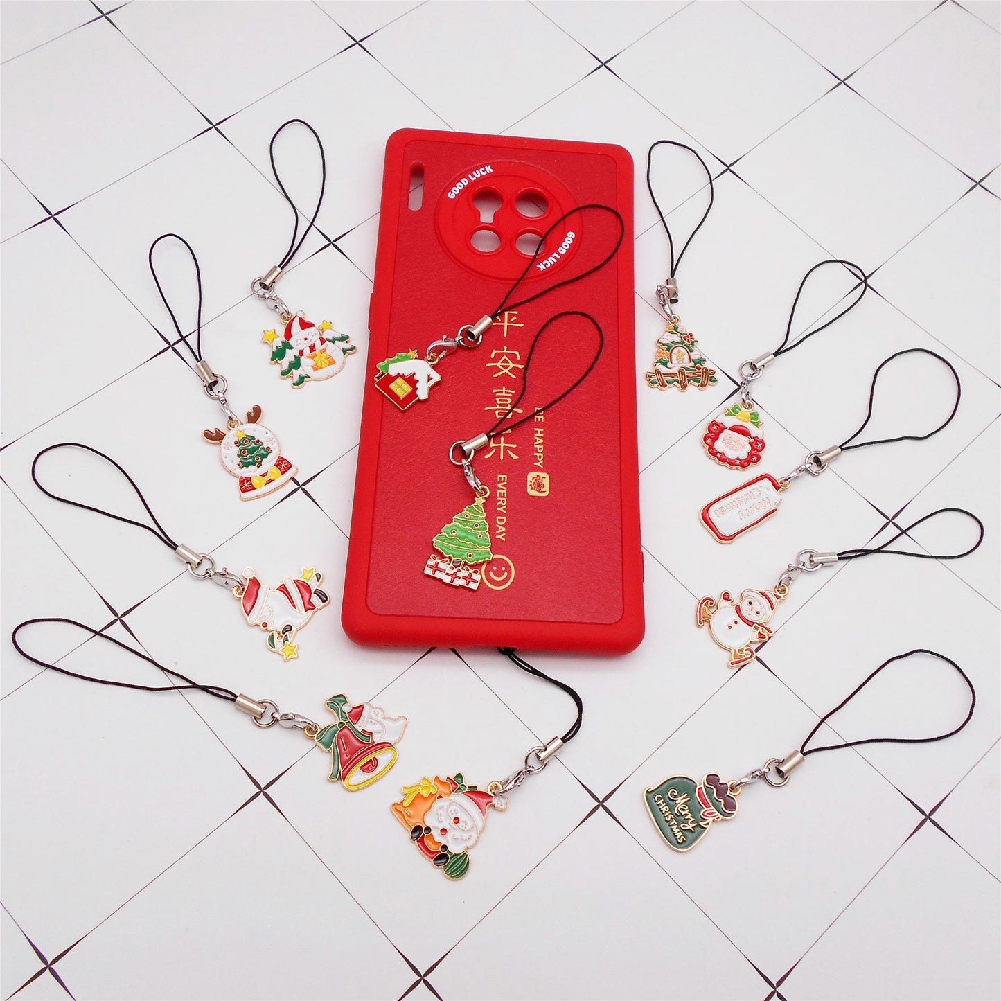 12Pcs Enamel Christmas Tree Santa Claus Dangle Phone Chain Metal Bell Snowman Charms for Pendant Jewelry Making DIY Phone Case Crafts Decor