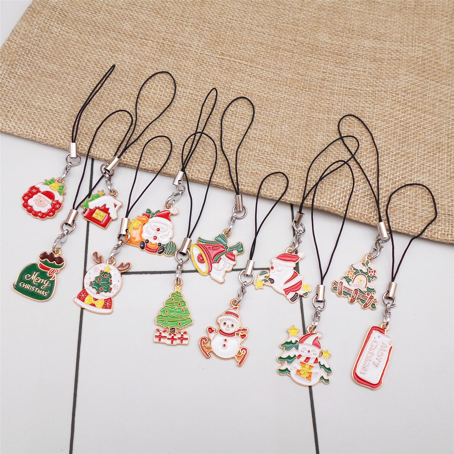 12Pcs Enamel Christmas Tree Santa Claus Dangle Phone Chain Metal Bell Snowman Charms for Pendant Jewelry Making DIY Phone Case Crafts Decor