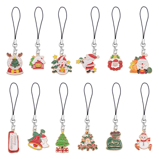 12Pcs Enamel Christmas Tree Santa Claus Dangle Phone Chain Metal Bell Snowman Charms for Pendant Jewelry Making DIY Phone Case Crafts Decor