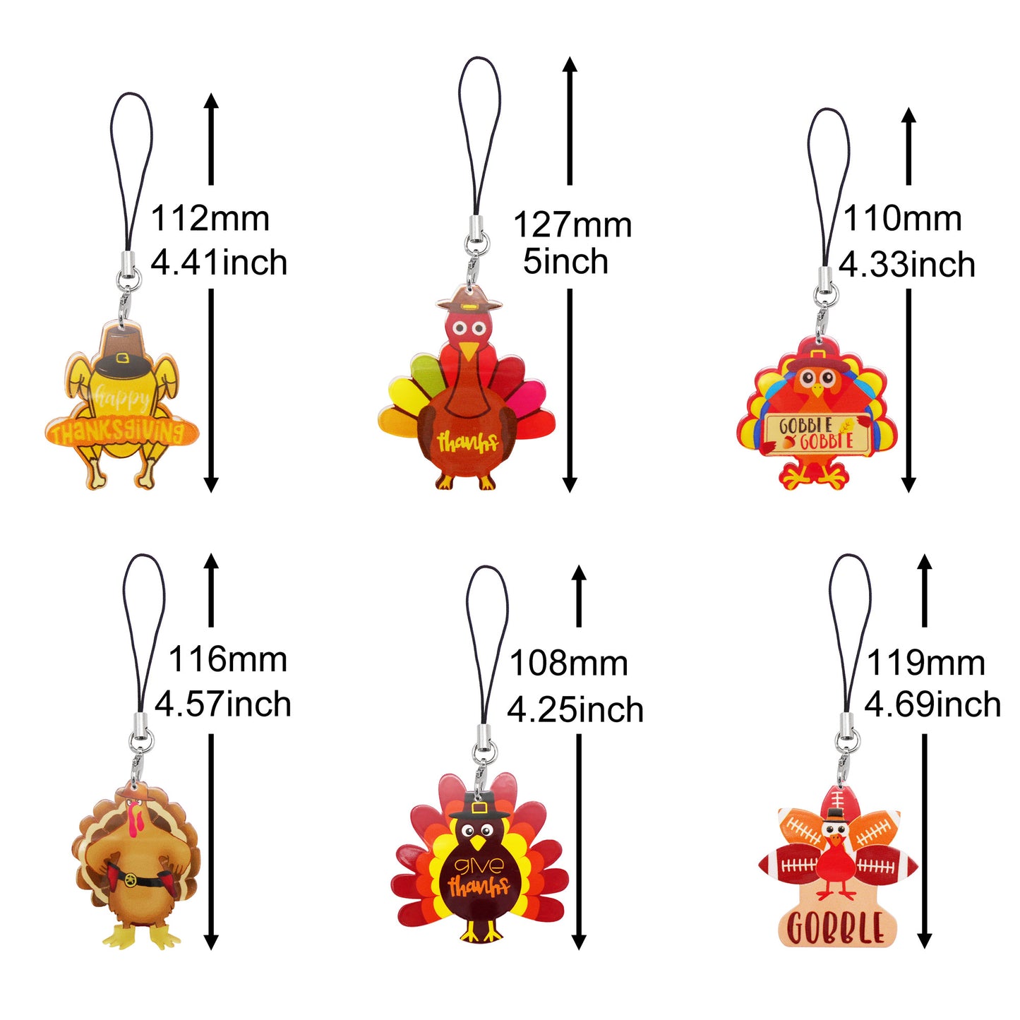 6pcs Thanksgiving Turkey Dangle Phone Chain Acrylic Charms for DIY Pendant Jewelry Making Phone Case Crafts Decor