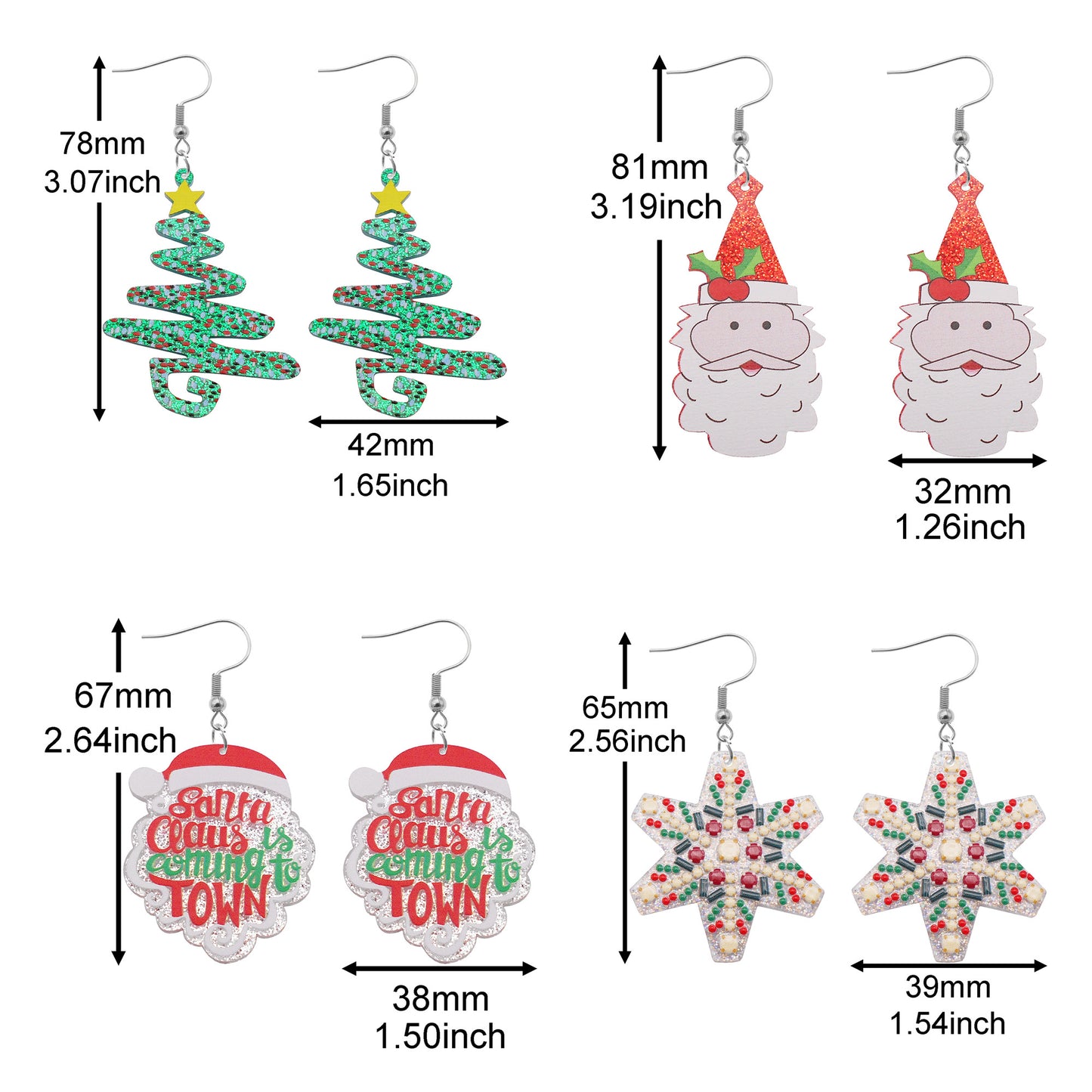 1 Pair Acrylic Christmas Dangle Earrings Snowflake Santa Claus Hook Earrings Hypoallergenic Women Earring Piercing Jewelry for Daily Wear & Festival Gifts