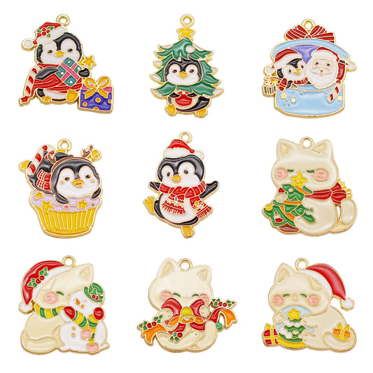Christmas Penguin & Cat Pendants - 4/5/9Pcs Enamel Metal Charms for DIY Jewelry, Keyring, Decor & Craft Accessories