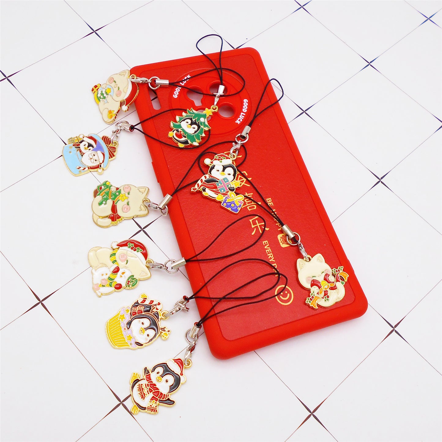 Christmas Theme Penguin & Cat Phone Chain - Cartoon Metal Enamel Charms for Pendant Jewelry Making, Phone Case DIY Crafts Decor