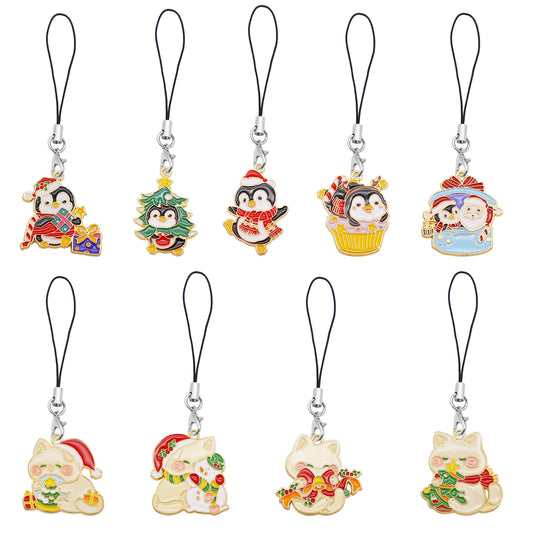 Christmas Theme Penguin & Cat Phone Chain - Cartoon Metal Enamel Charms for Pendant Jewelry Making, Phone Case DIY Crafts Decor