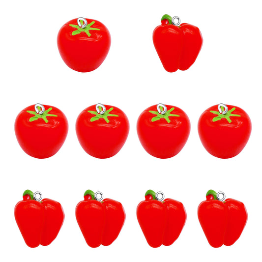 10Pcs Red Chili & Tomato Charms Acrylic Cameo Fruit Vegetable Dangle for Pendant Jewelry Making DIY Crafts Keychain Phone Case Decor
