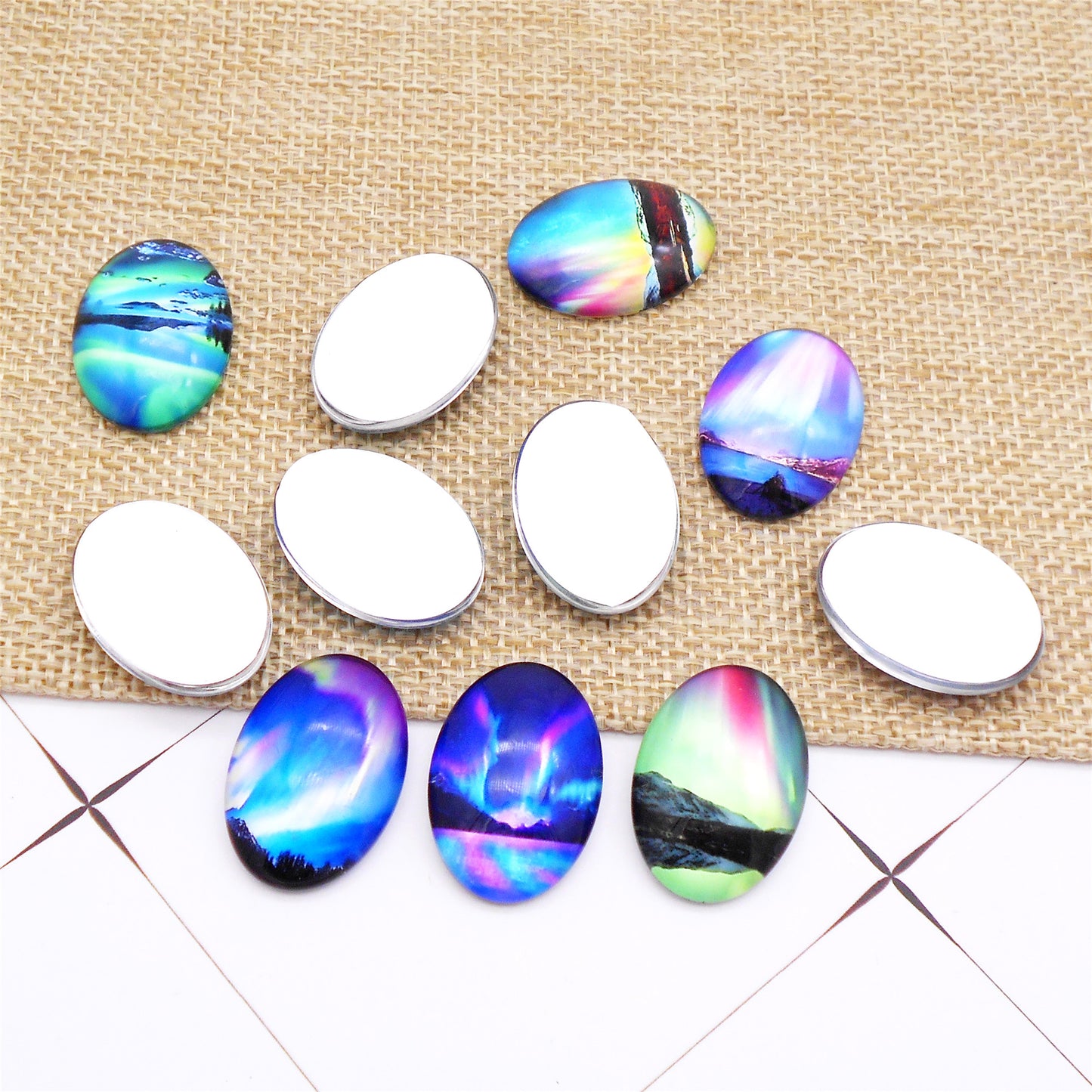 10Pcs Dome Aurora Pattern Embellishment Round & Oval Glass Cabochons Flat Back Time Gems DIY Jewelry Making Accessories Necklace Crafts Decor