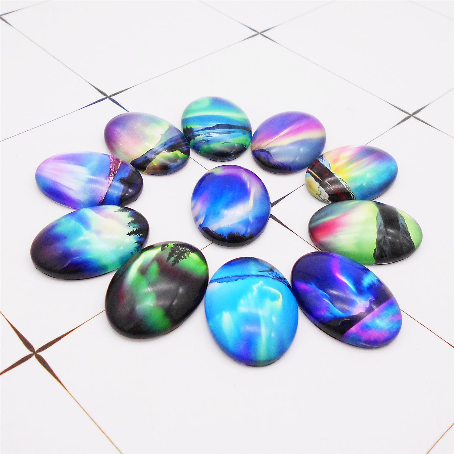 10Pcs Dome Aurora Pattern Embellishment Round & Oval Glass Cabochons Flat Back Time Gems DIY Jewelry Making Accessories Necklace Crafts Decor