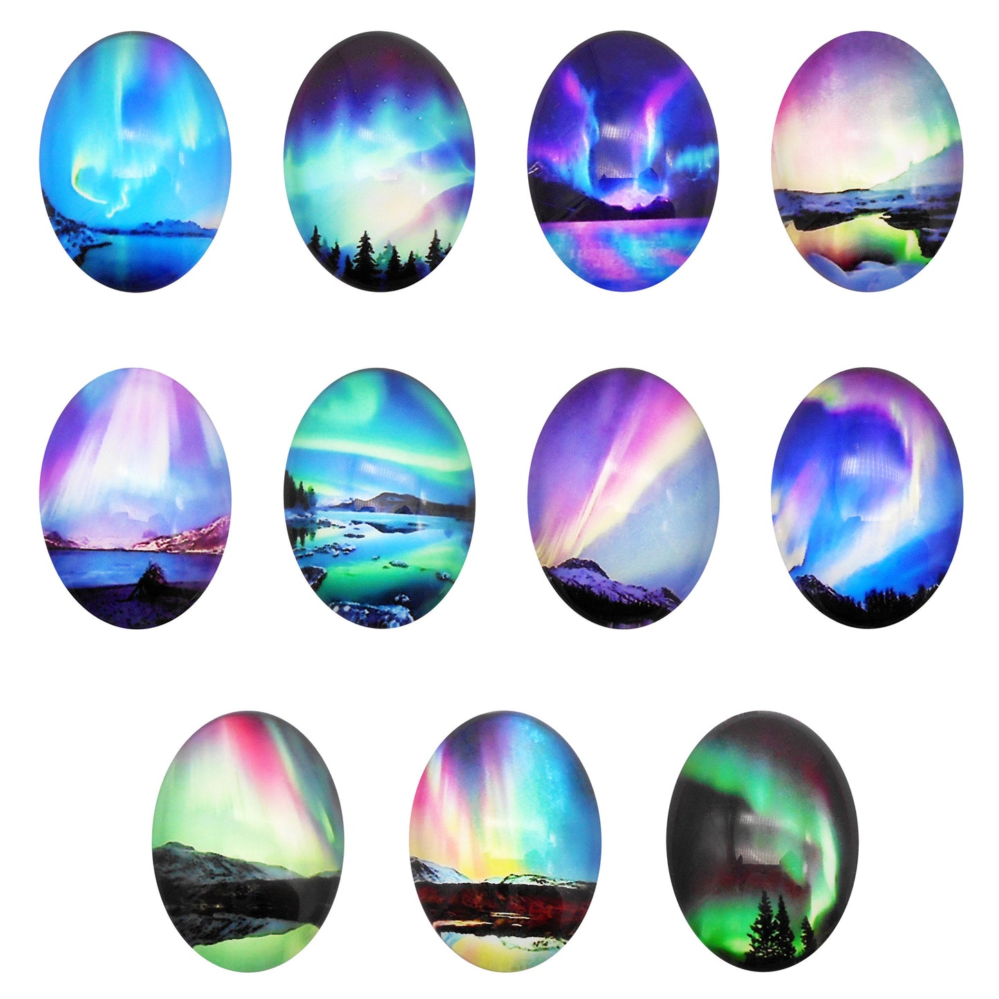 10Pcs Dome Aurora Pattern Embellishment Round & Oval Glass Cabochons Flat Back Time Gems DIY Jewelry Making Accessories Necklace Crafts Decor