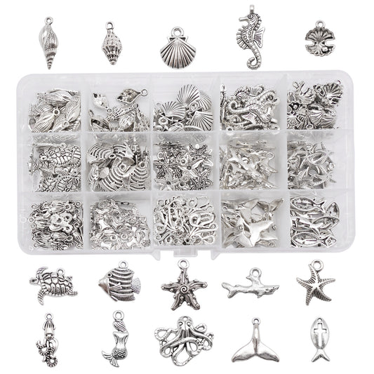 1 Box of 225pcs Jewelry Making Supplies - Marine Life Charms Metal Seashell Seahorse Conch Pendants Vintage Silver Accessories for Necklace Bracelet Earring Making DIY Crafts Decor