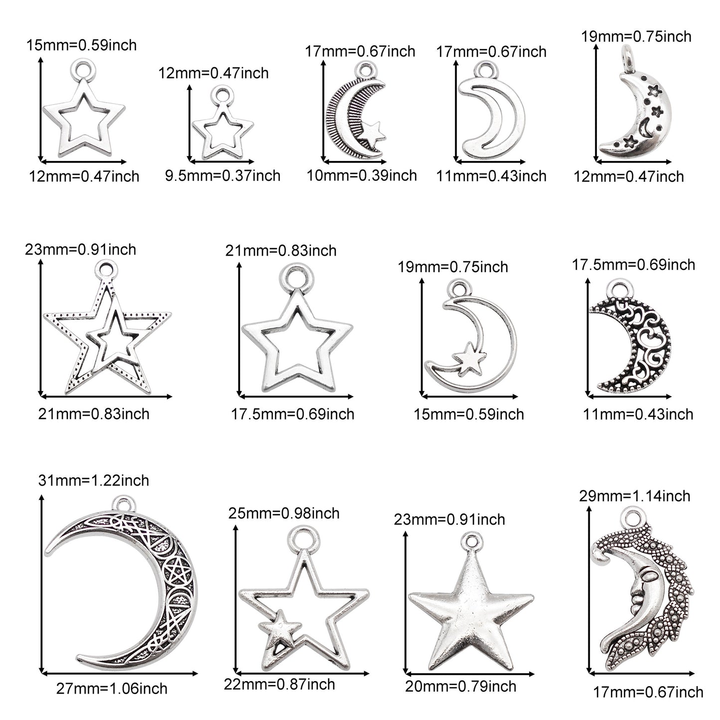 195-Box Retro Silver Moon Sun Star Charms Alloy Cosmic Series Pendants DIY Jewelry Making Accessories Crafts Supplies Phone Chain Decor