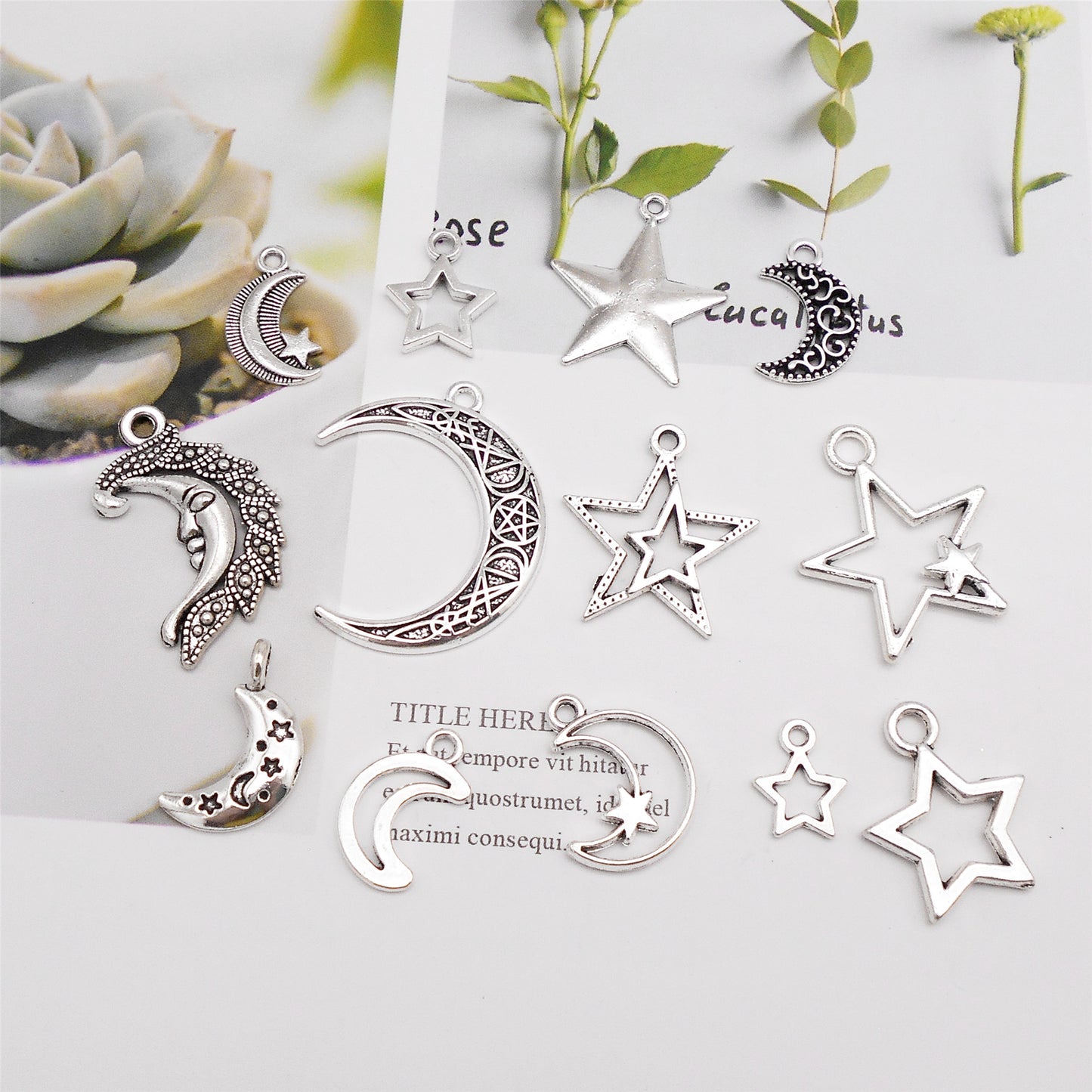 195-Box Retro Silver Moon Sun Star Charms Alloy Cosmic Series Pendants DIY Jewelry Making Accessories Crafts Supplies Phone Chain Decor