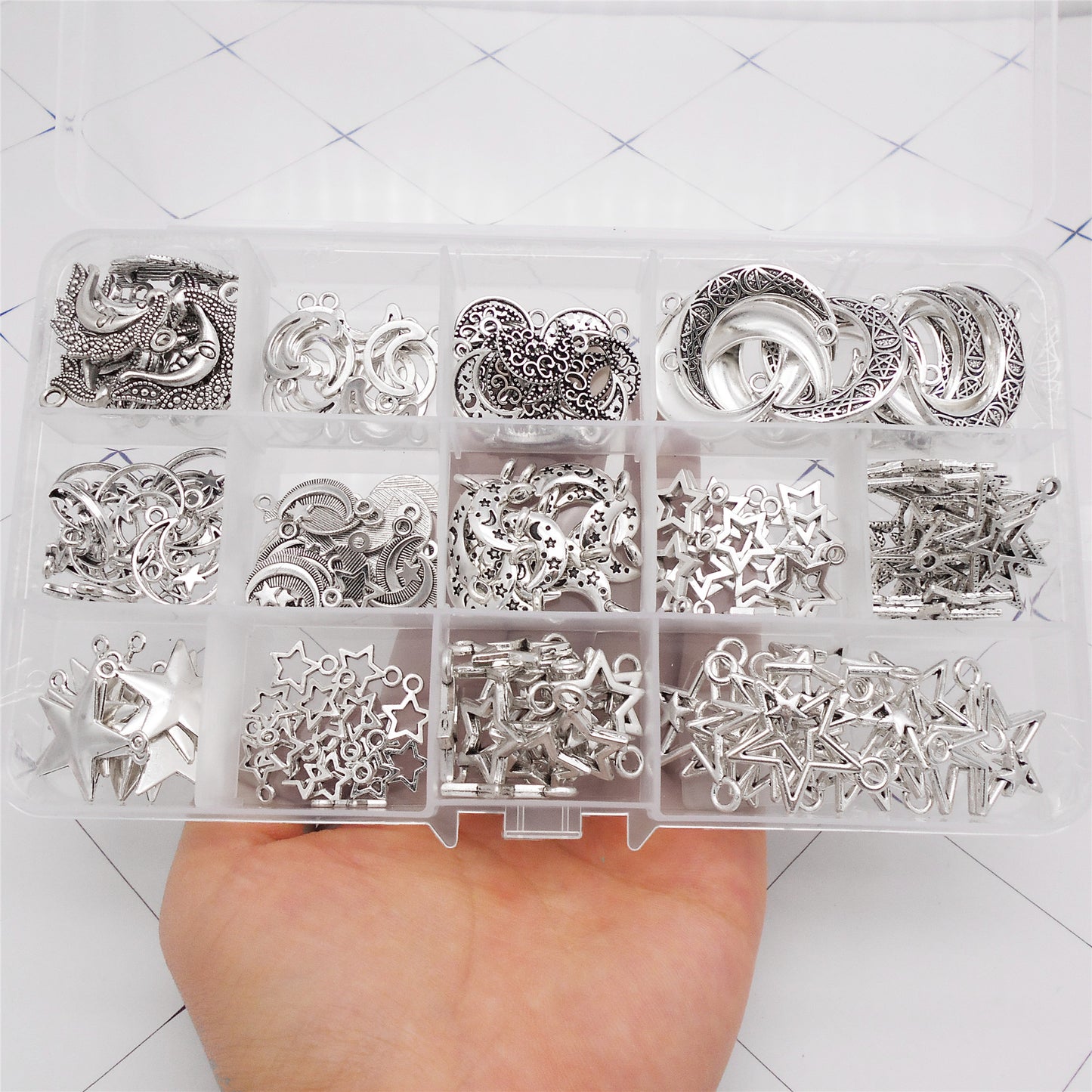 195-Box Retro Silver Moon Sun Star Charms Alloy Cosmic Series Pendants DIY Jewelry Making Accessories Crafts Supplies Phone Chain Decor