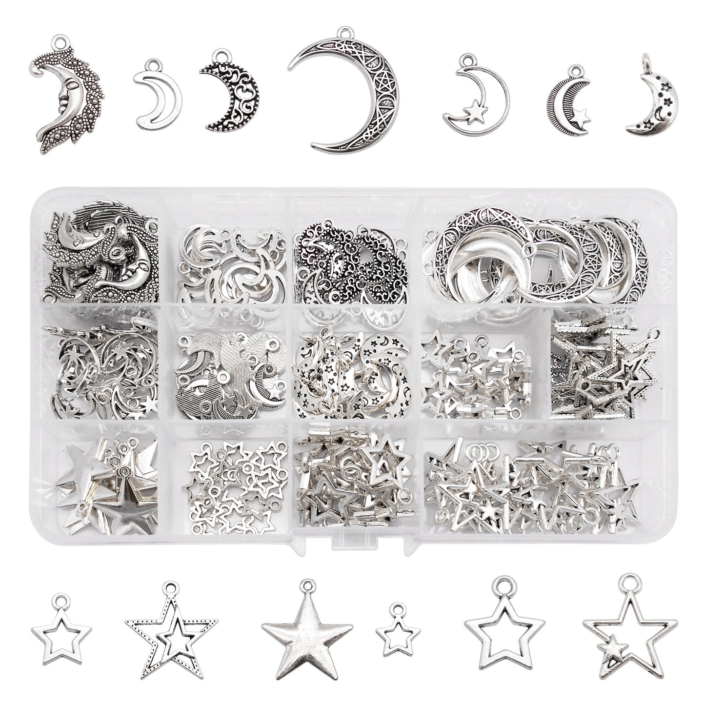 195-Box Retro Silver Moon Sun Star Charms Alloy Cosmic Series Pendants DIY Jewelry Making Accessories Crafts Supplies Phone Chain Decor