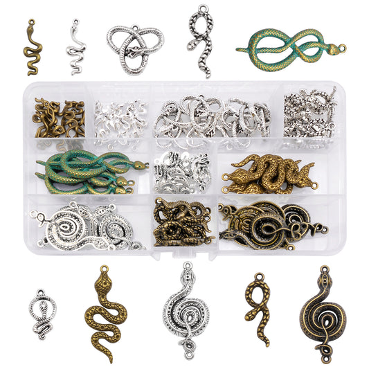 1 Box - 80pcs Metal Snake Charms Multi-Color Serpent Pendants Snake Shaped Charms Connector for DIY Jewelry Making Necklace Bracelet Earrings Decor