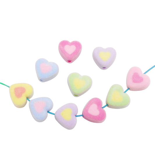 10Pcs 17x15mm Colorful Acrylic Heart Beads 2mm Hole Size Flocked Spacer Beads DIY Bracelet Necklace Making Accessories Phone Chain Decor