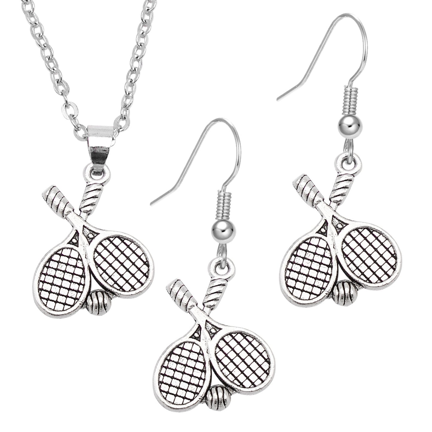 1 Piece Antique Silver Sport Ball Shaped Charm Earrings & Necklace, Metal Women Jewelry Set, Football Baseball Dangle Necklace Earrings Set Festival Gifts