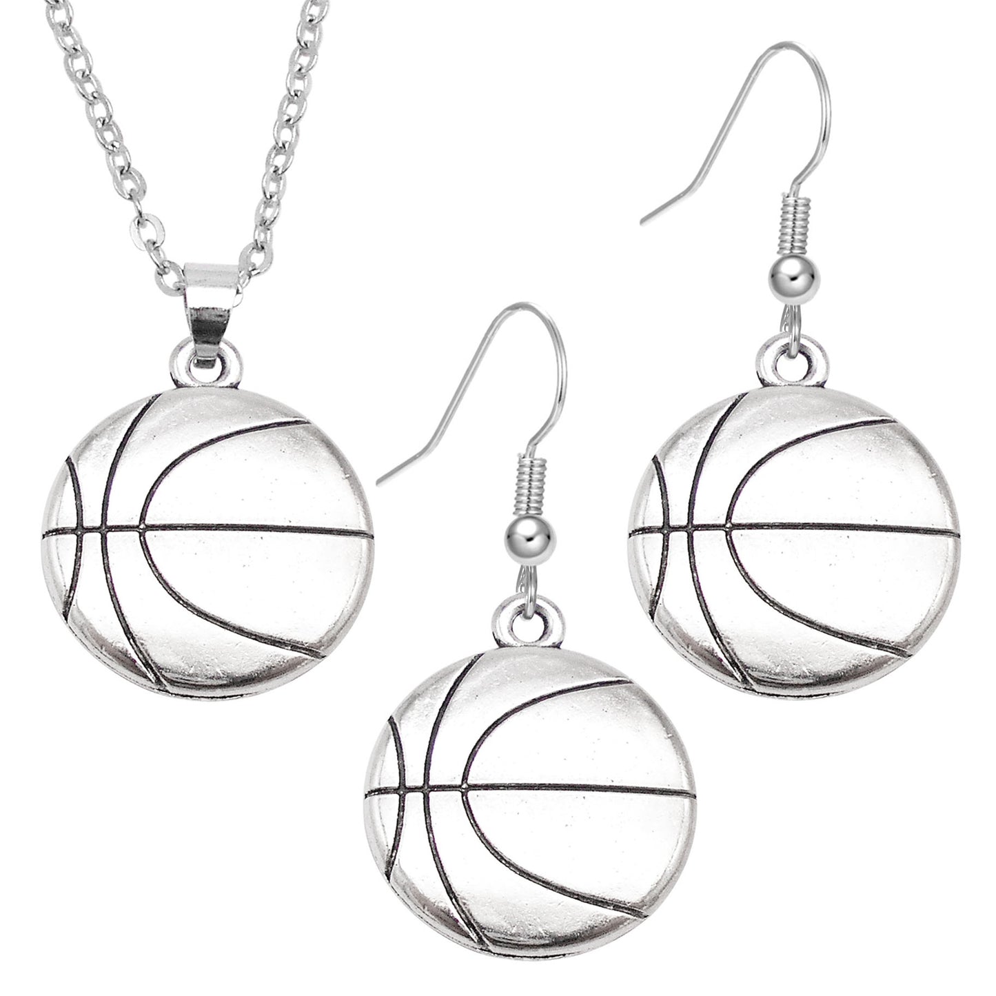 1 Piece Antique Silver Sport Ball Shaped Charm Earrings & Necklace, Metal Women Jewelry Set, Football Baseball Dangle Necklace Earrings Set Festival Gifts