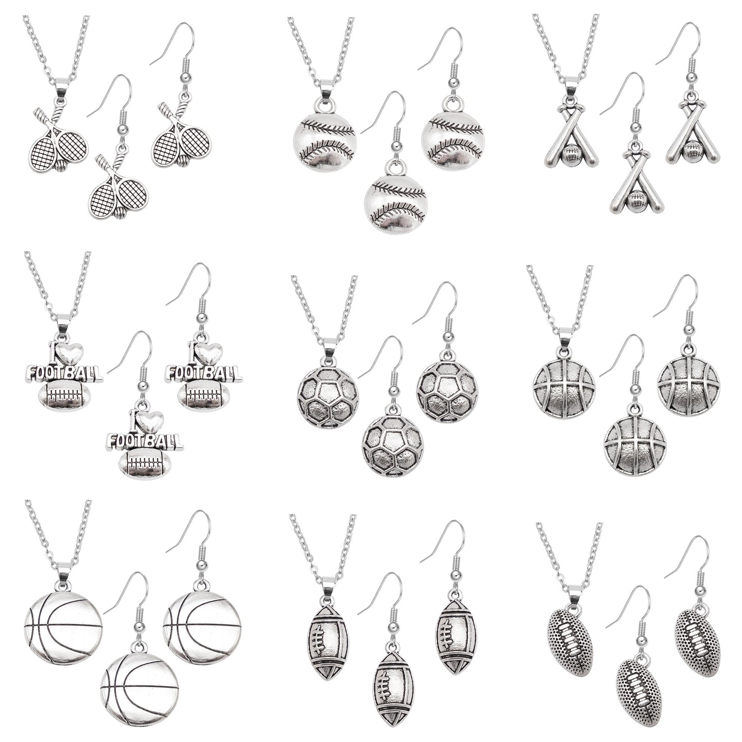 1 Piece Antique Silver Sport Ball Shaped Charm Earrings & Necklace, Metal Women Jewelry Set, Football Baseball Dangle Necklace Earrings Set Festival Gifts