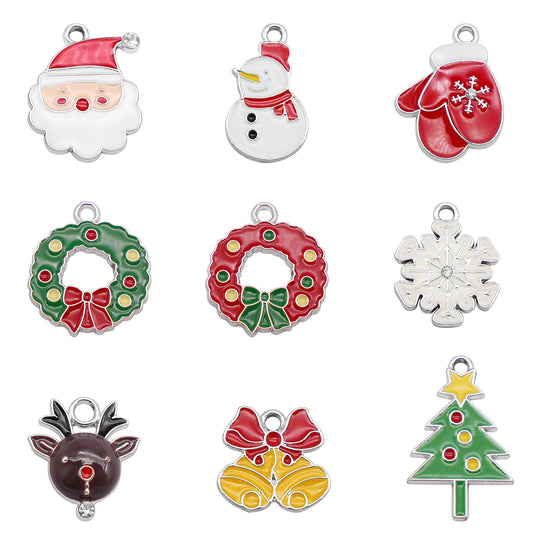 9Pcs Christmas Charms Pendants - Snowflake, Snowman, Bell, Elk - Metal Enamel DIY Jewelry Making Supplies for Necklace, Bracelet, Earrings, Crafts Decor